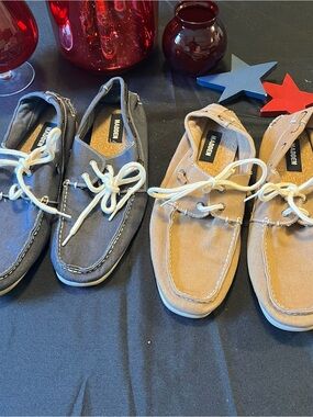 Madden Canvas Boat Shoes for Men — Gray and Tan (both pairs)